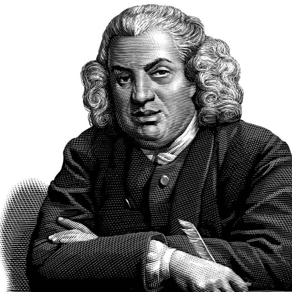 an illustration of Samuel Johnson, bewigged and dignified