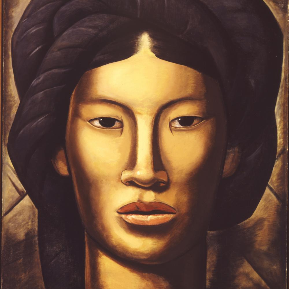Portrait of La Malinche, her hair in a dense pile of braids