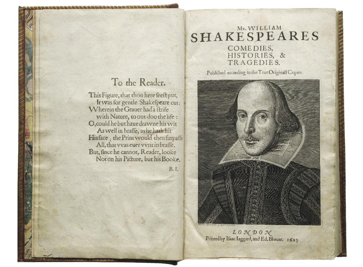 Opening pages of the First Folio with an engraving of Shakespeare on the right-hand page and an inscription to the reader on the left