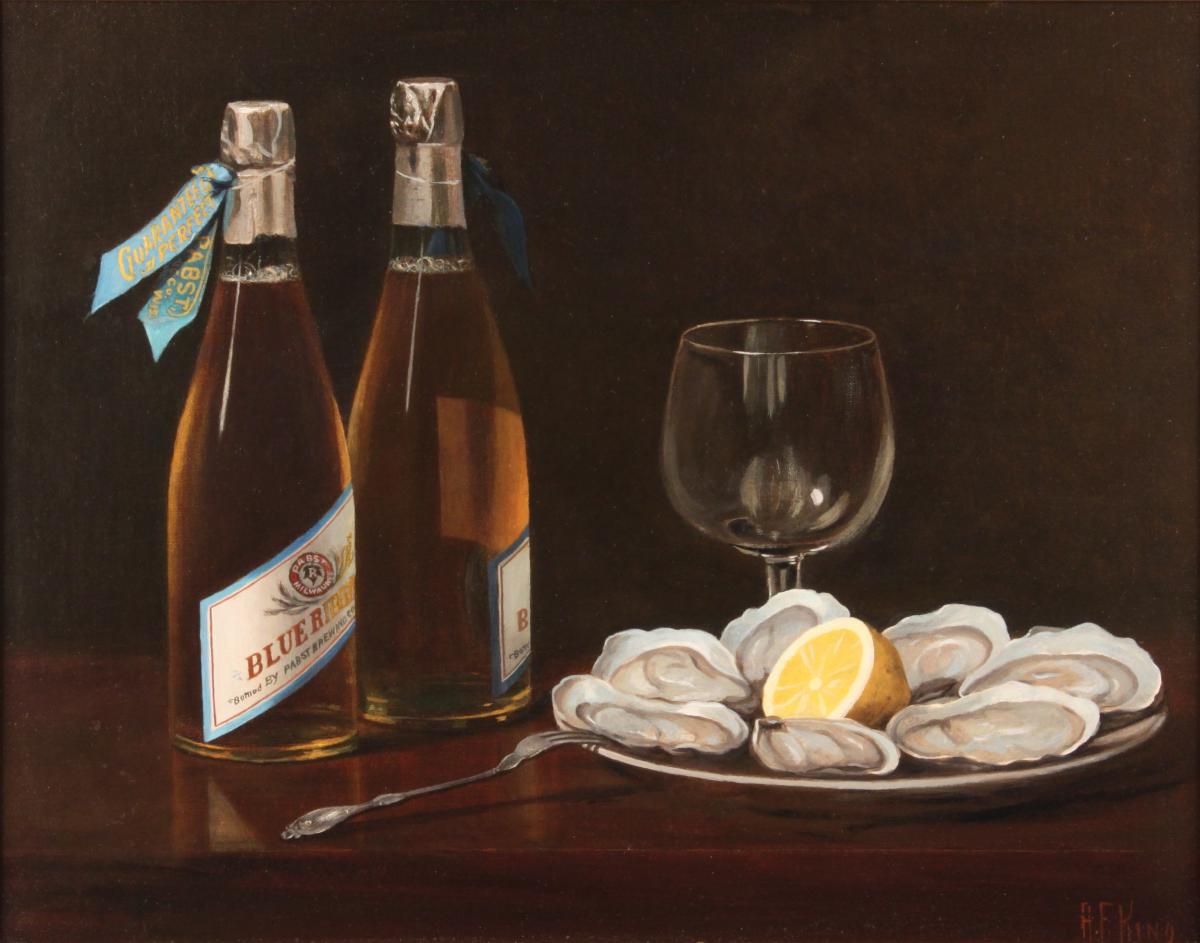 Pabst still life-style ad, featuring two bottles of beer, a plate of oysters, and an empty glass