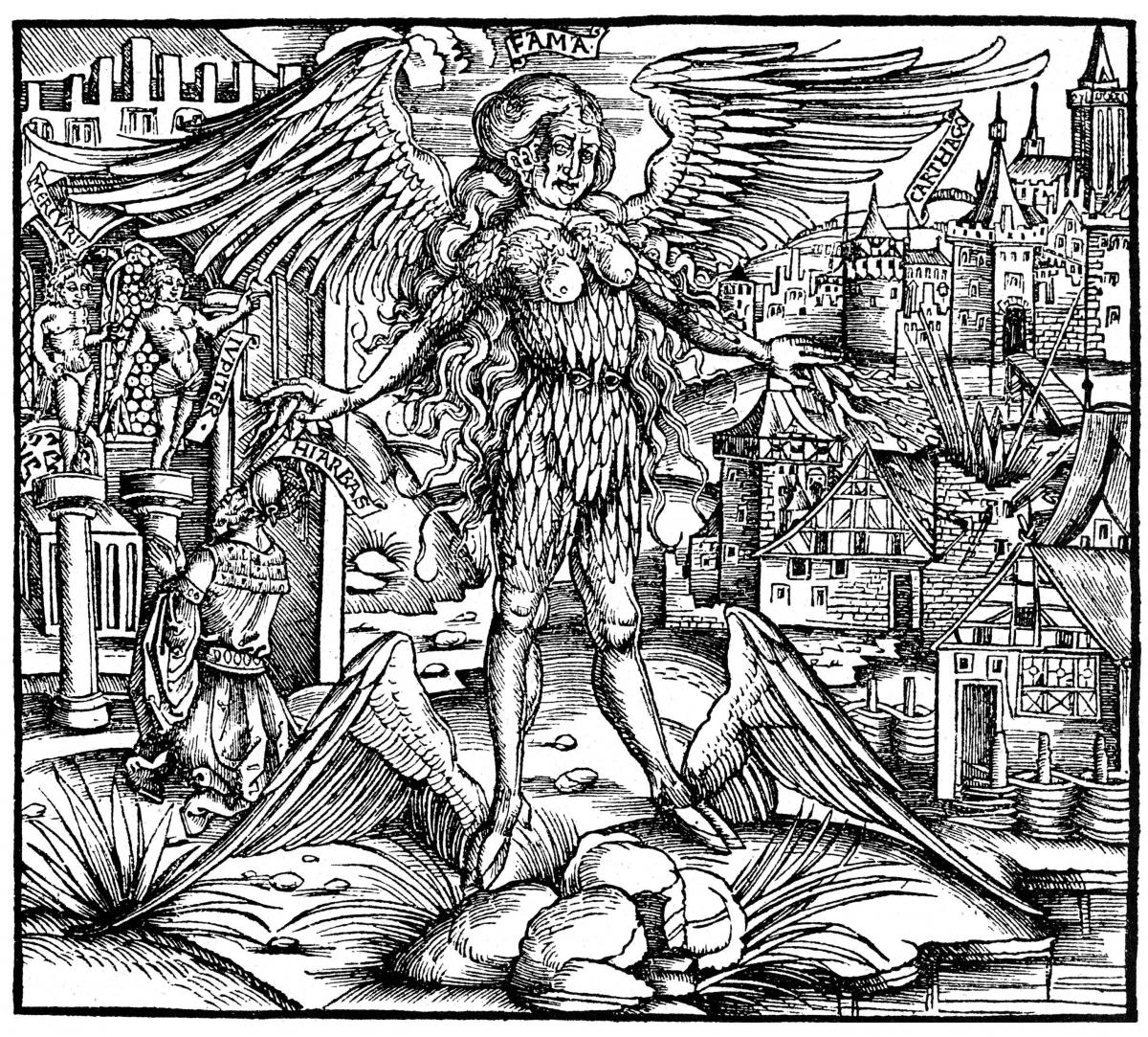 Illustration of Rumor, or Fama, a winged female monster who appears in the Aeneid