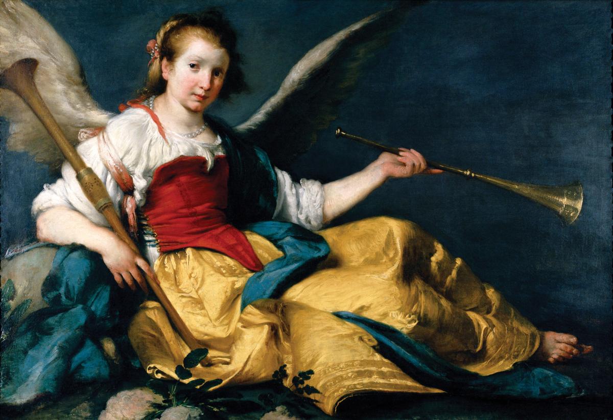 An Allegory of Fame, (circa 1630), by Bernardo Strozzi: a young, winged woman in a red bodice and yellow skirt, reclining and holding two trumpets