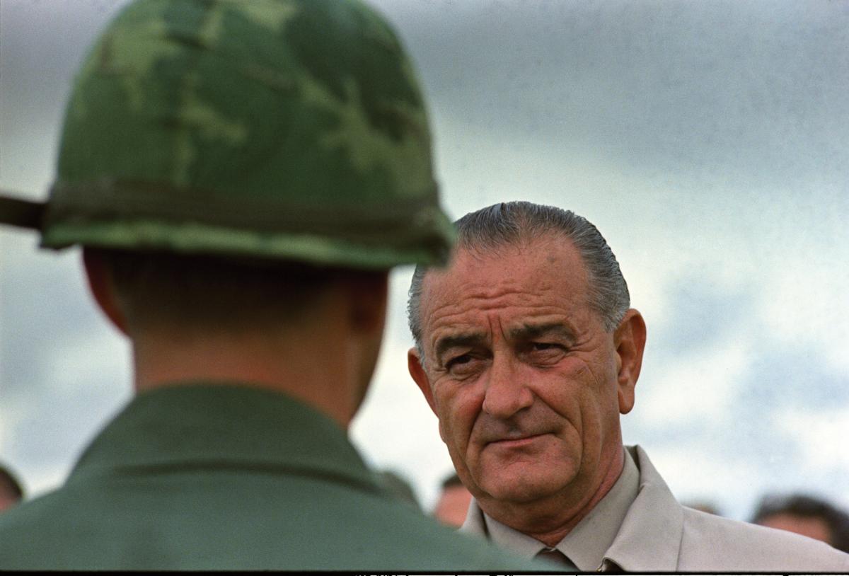 President Lyndon B Johnson and a soldier in Vietnam, 1966