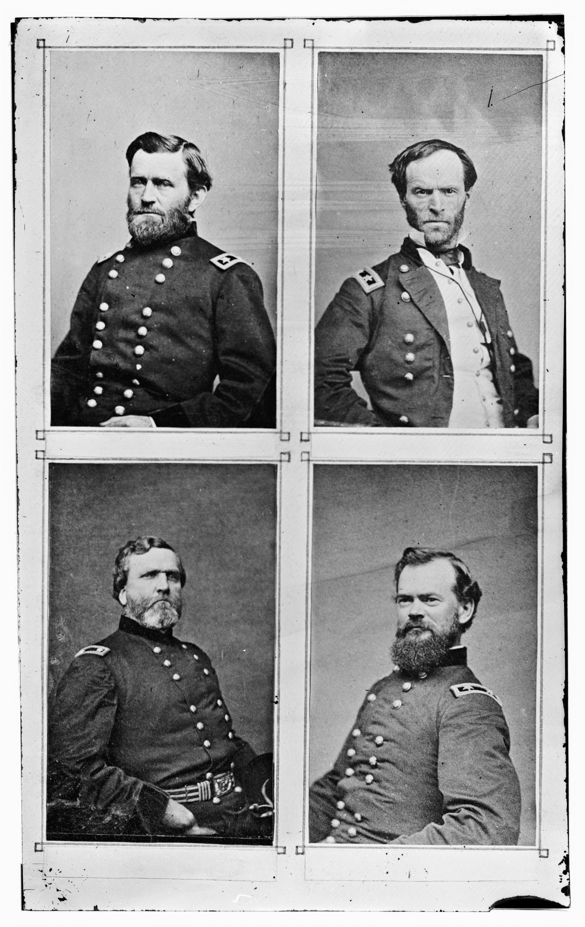 Union generals photographed by Mathew Brady: (clockwise from top left) Ulysses S. Grant, William T. Sherman, James B. McPherson, and George H. Thomas