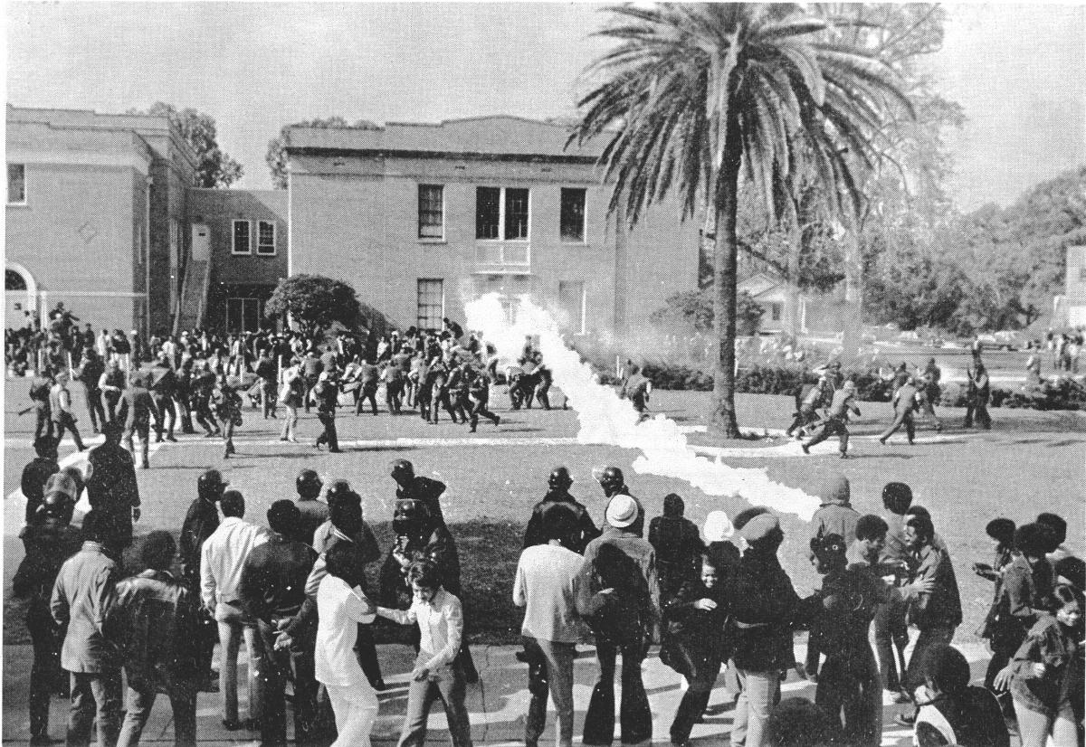 Gas canisters are launched at students on the campus of Southern University, November 16, 1972