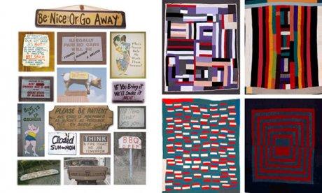A colorful collection of quilts and signposts