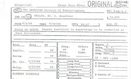 A black and white form which was used to apply for the first NEH grant in 1966.