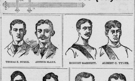 Black and white sketched portraits of America's first Olympians at the 1896 Athens Games.