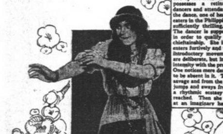 Black and white newspaper article showing a woman dancing the hula.