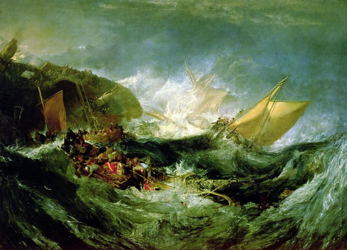 oil painting of rough waves, men on small lifeboats and rafts