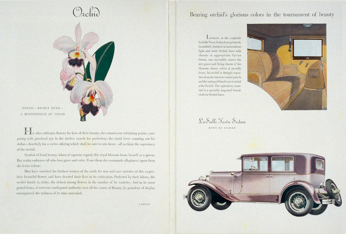 A two page spread featuring illustrations of an orchid LaSalle and its leather interior