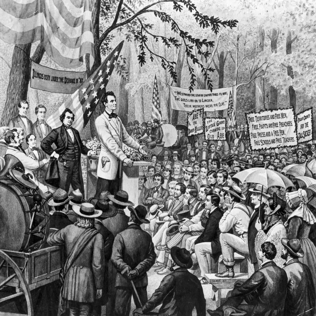 black and white illustration of man talking at a podium, surrounded by crowd of people
