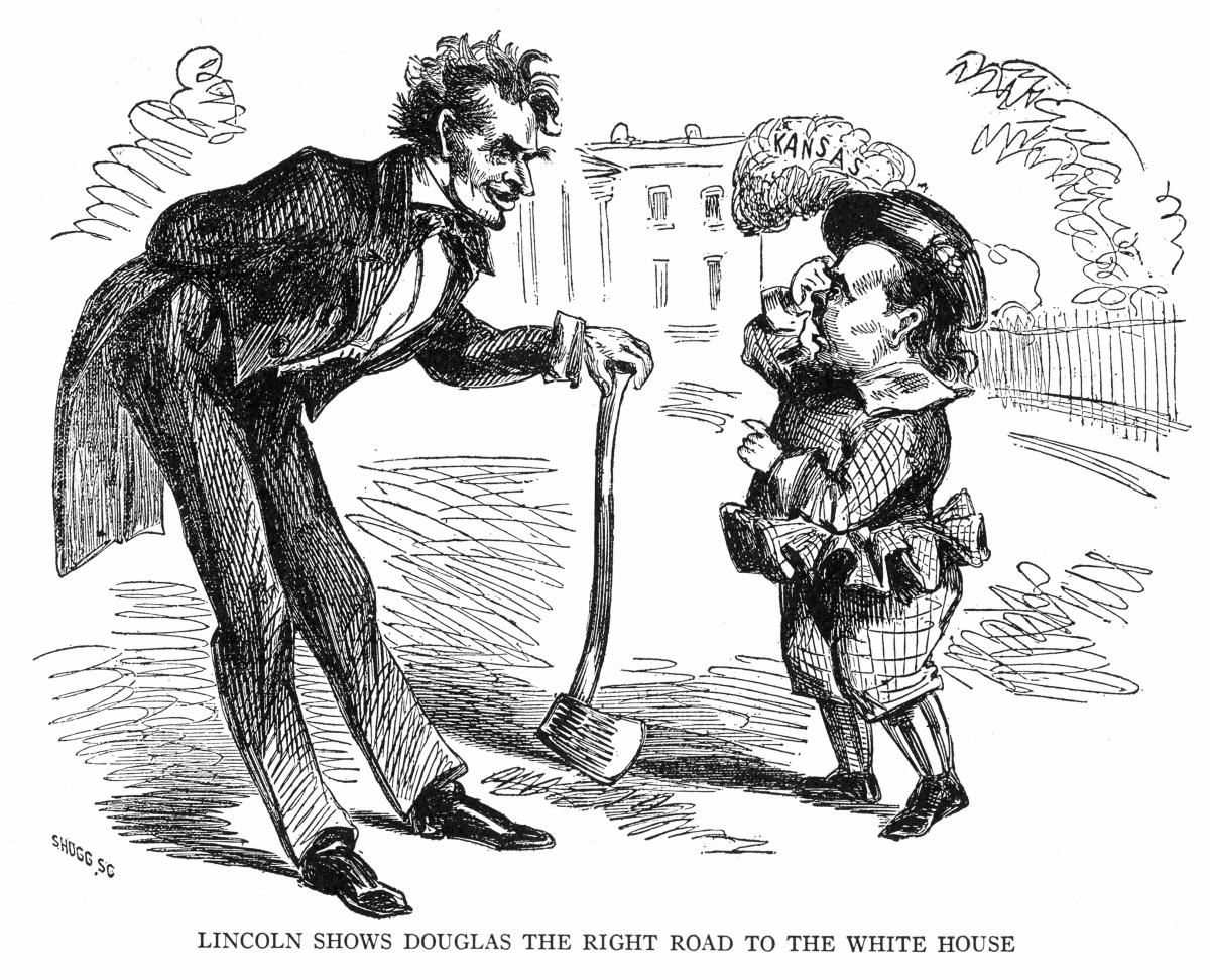 black and white cartoon drawing of a tall man leaning down to speak to a shorter man with a feathered hat