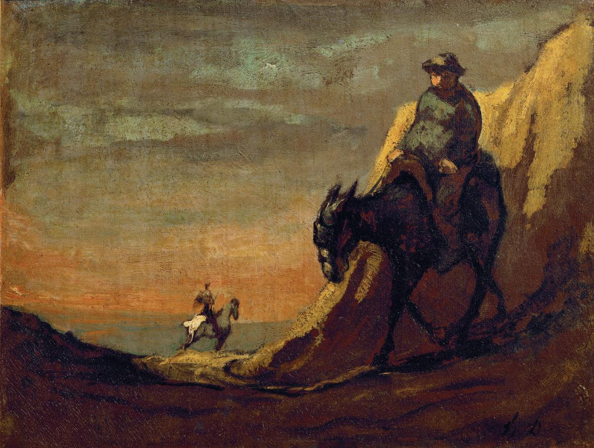 Painting of a man on a horse, small cliff behind him, another man on horse