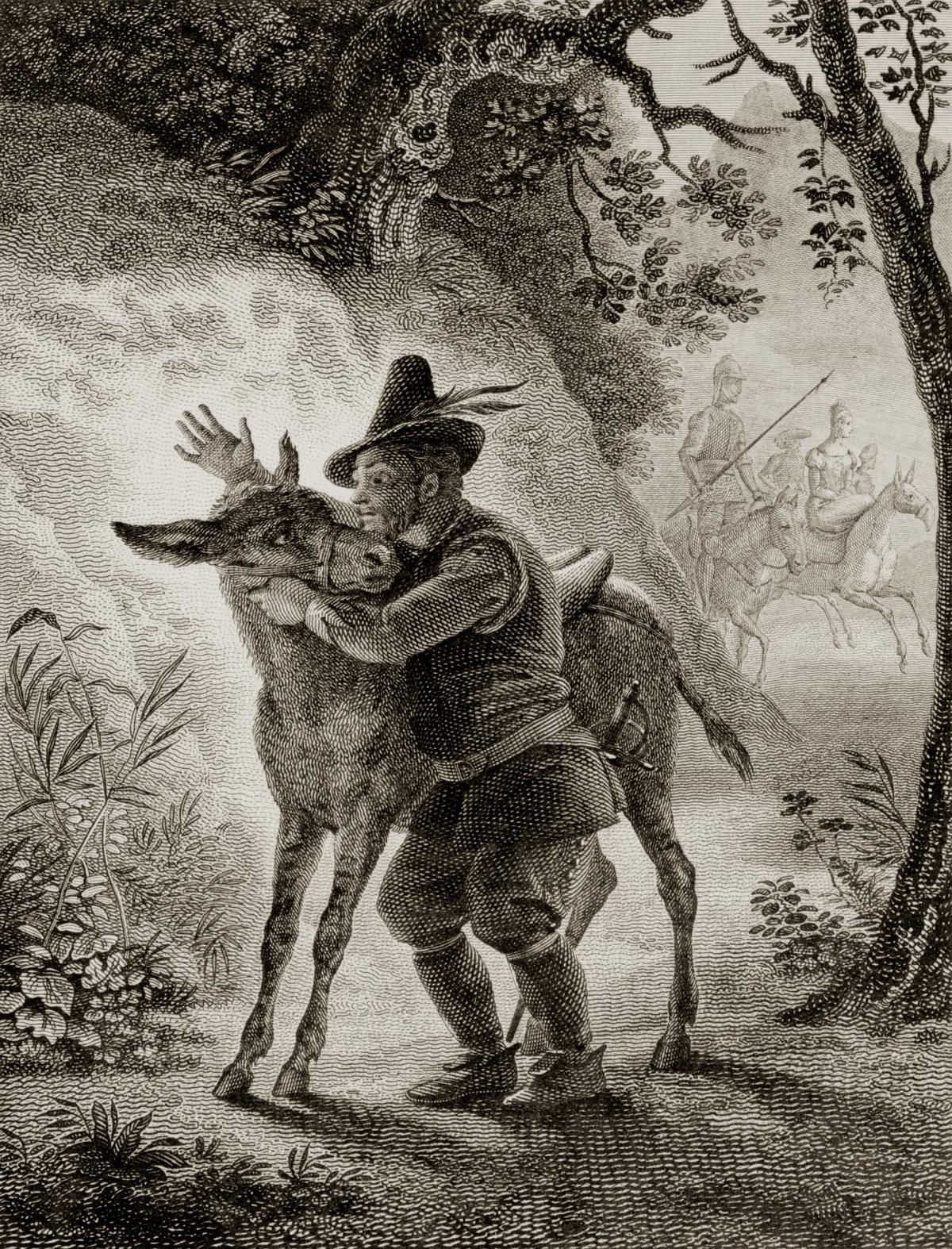 Engraving of a man embracing a donkey