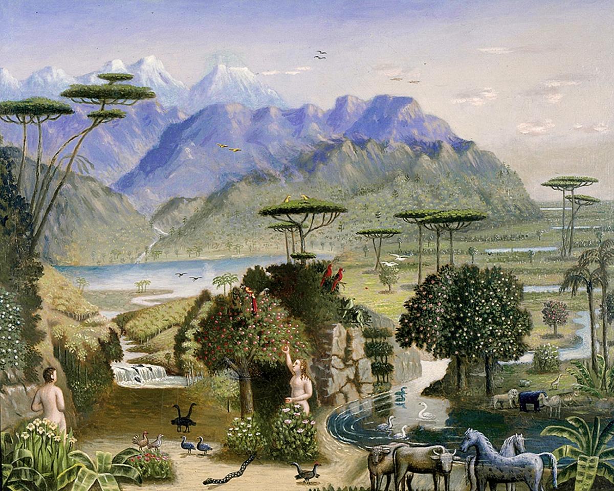 Painting of a garden, mountains in background, nude man and woman