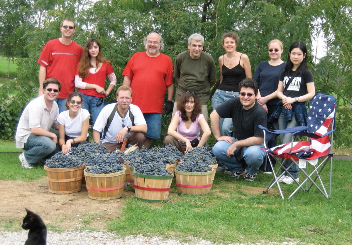 Group of people standing behind baskets full of grapes