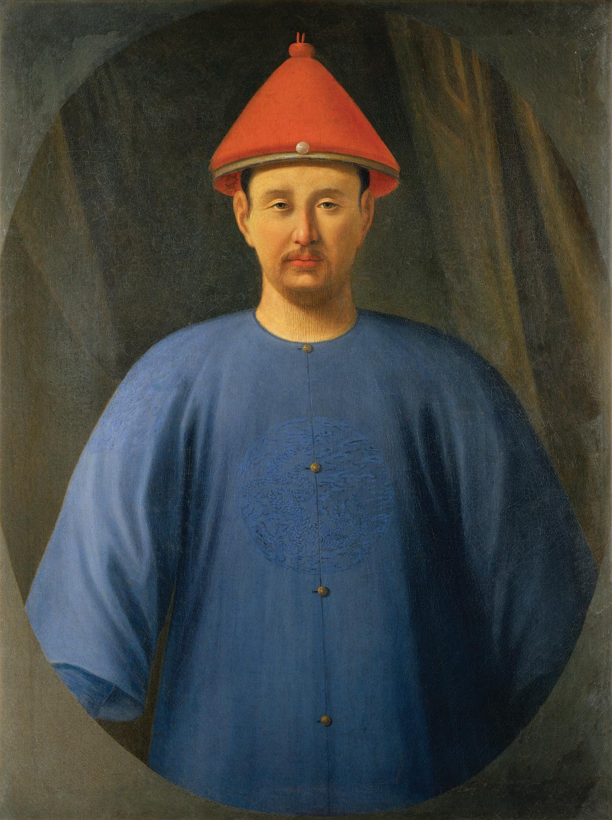 Emperor, clean shaven, wearing a conical red hat and plain blue smock
