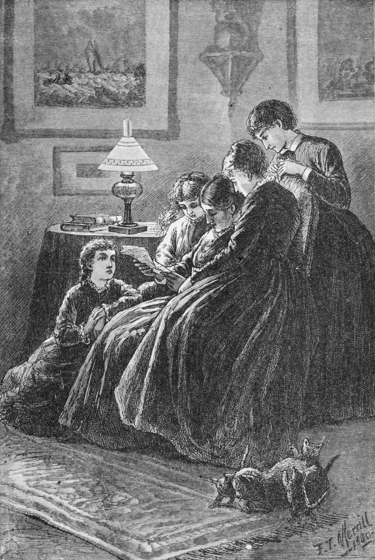 The four girls crowd around Marmee, who is reading a piece of paper and sitting in a chair, in a room lit by a small triangular table lamp