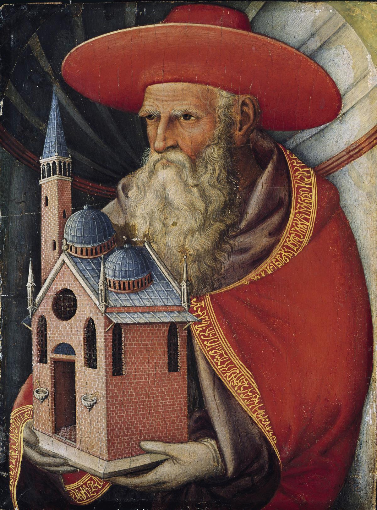 Old bearded man in a red hat and red embroidered robe, holds a miniature model of a red brick and blue church