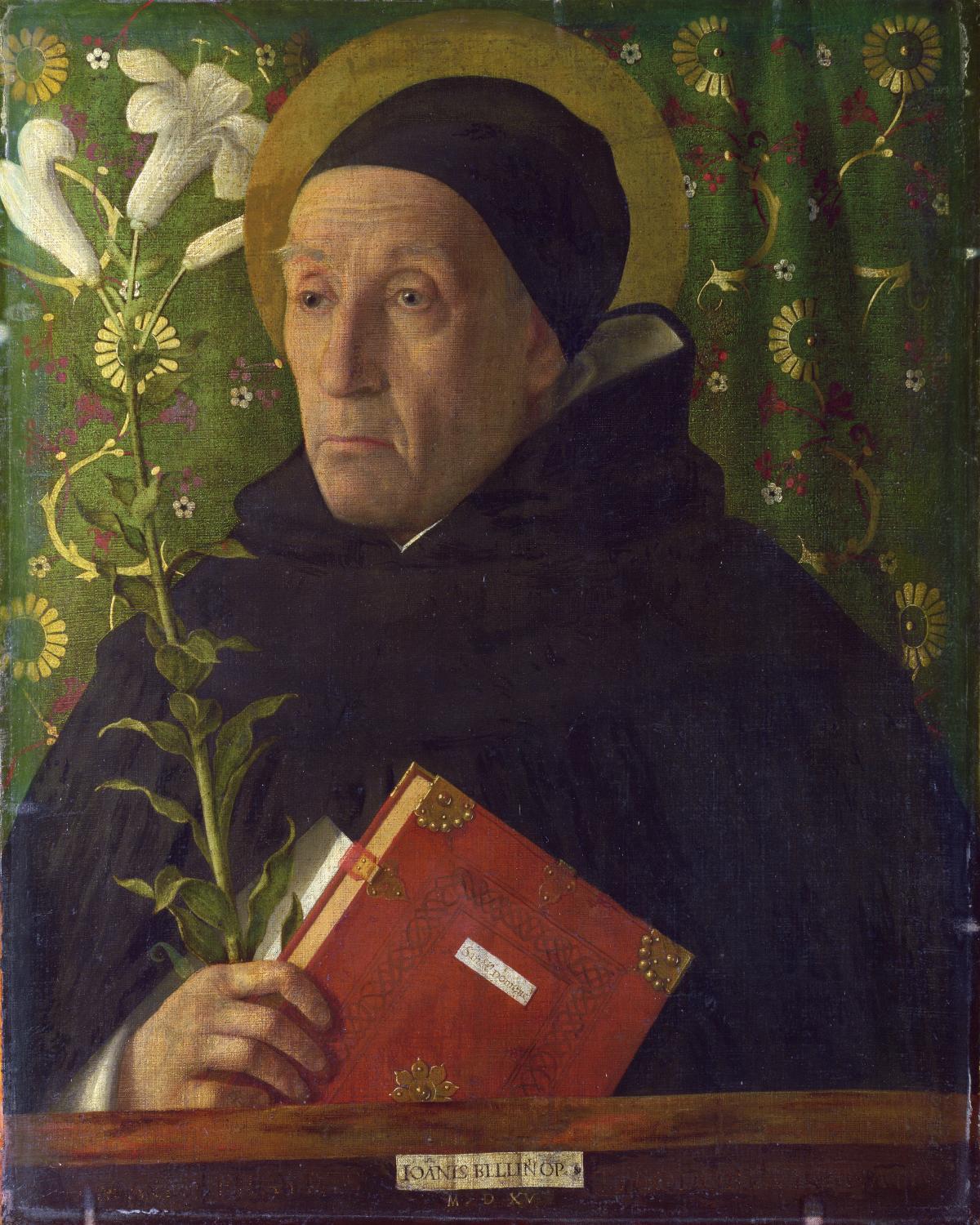 Saint in a black monk's habit and cap, holding a red leather Bible and a long stemmed white flower