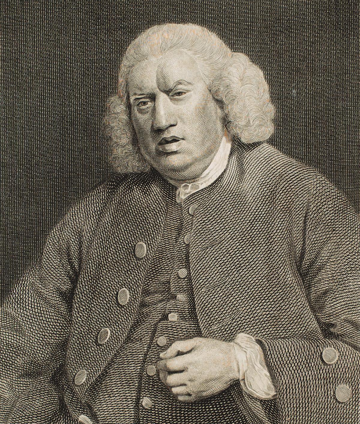 Johnson in a buttoned waistcoat and jacket, left hand held below his chest, mouth slightly open and frowning, not looking at the viewer