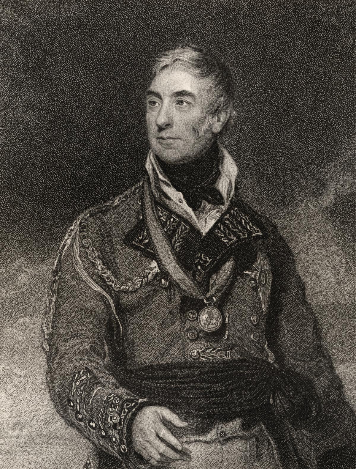 Black and white engraving of the general, wearing a military coat and a medal around his neck, looking off to his right