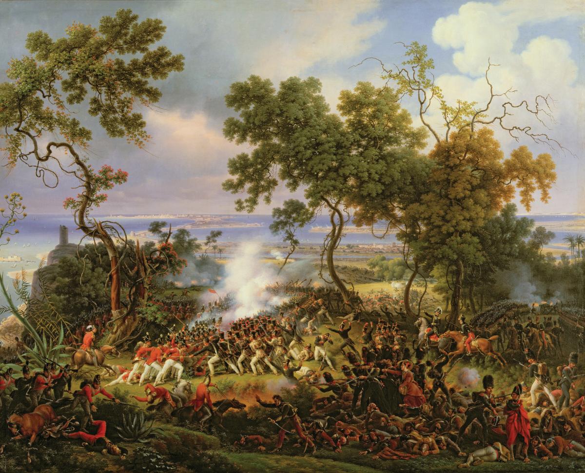 British and French forces battle amongst entwined trees, with the coast in the background