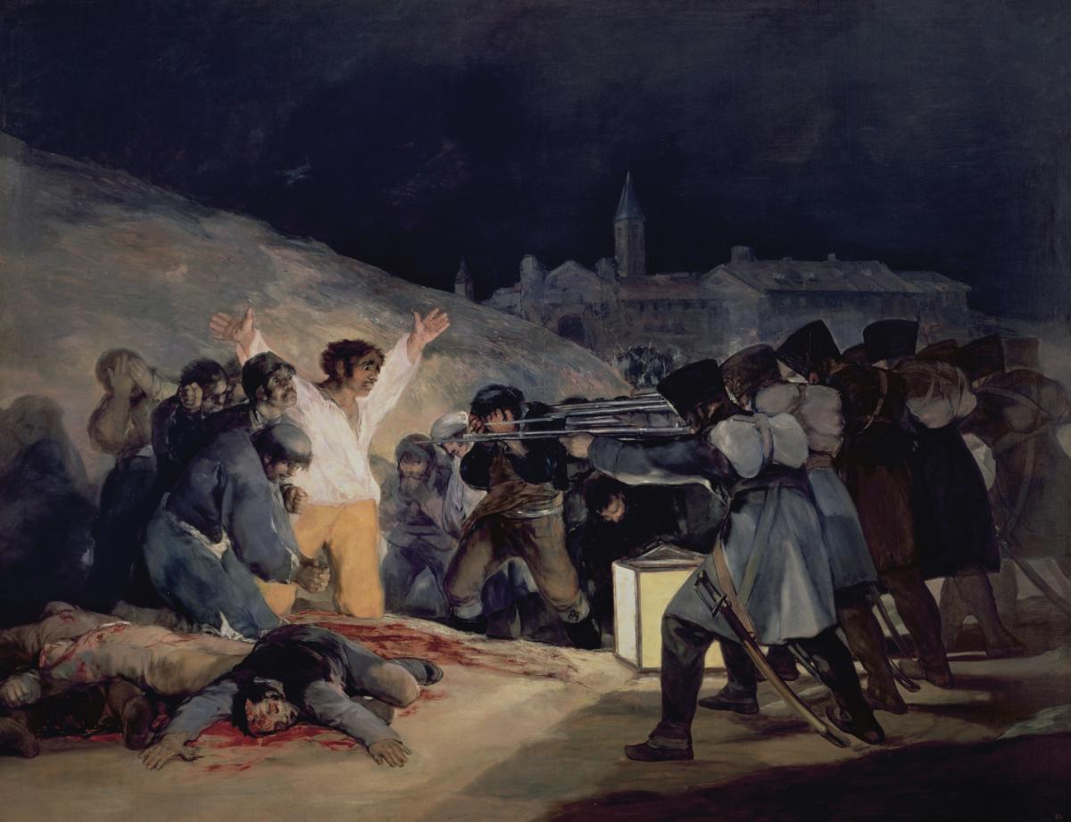 Execution of Spanish soldiers, focused on a man in white, holding his hands up as he looks at the bayonets of the French
