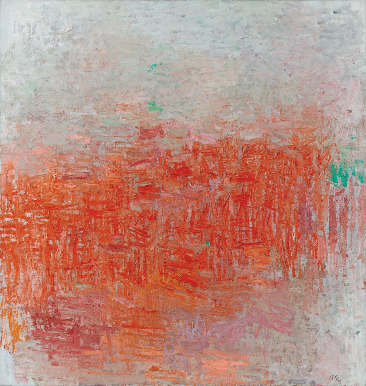 Abstract oil painting with red and orange