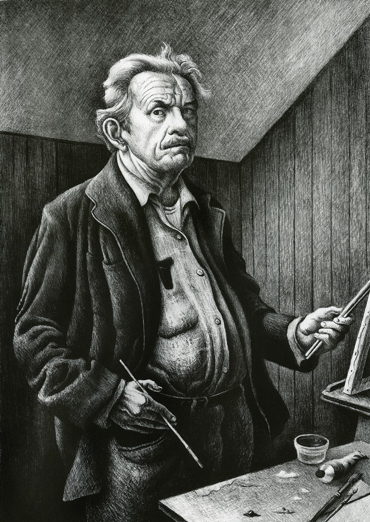 black and white painting of an older man at an easel