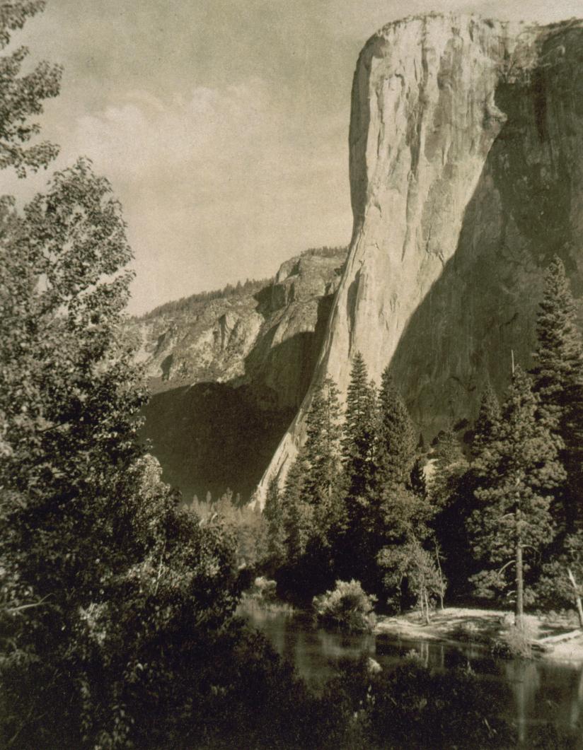 Sepia photograph of El Capitan, one of Yosemite Valley's largest and tallest rock formations