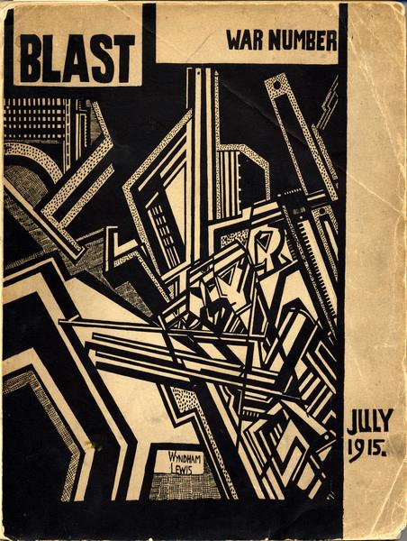 Black and tan geometric design, depicting a man surrounded by hard angles, with "BLAST" written in the top left corner