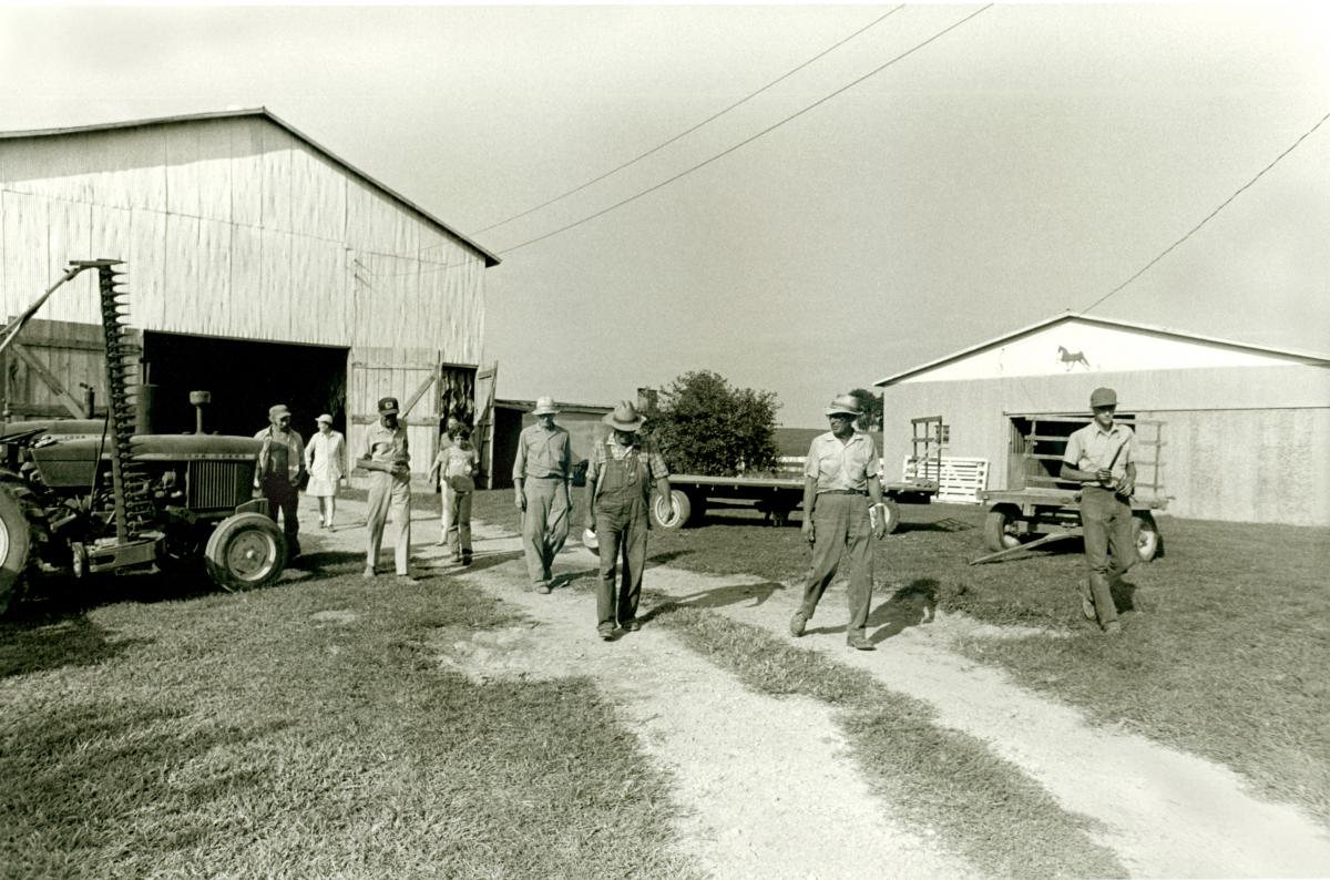 Black and white photo of several men walking out of a barn shed, their harvest tractor nearby.