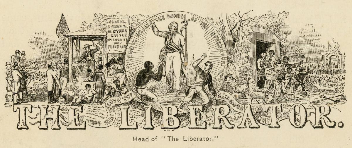 Poster for The Liberator, with illustrations of freed slaves and a liberating Jesus
