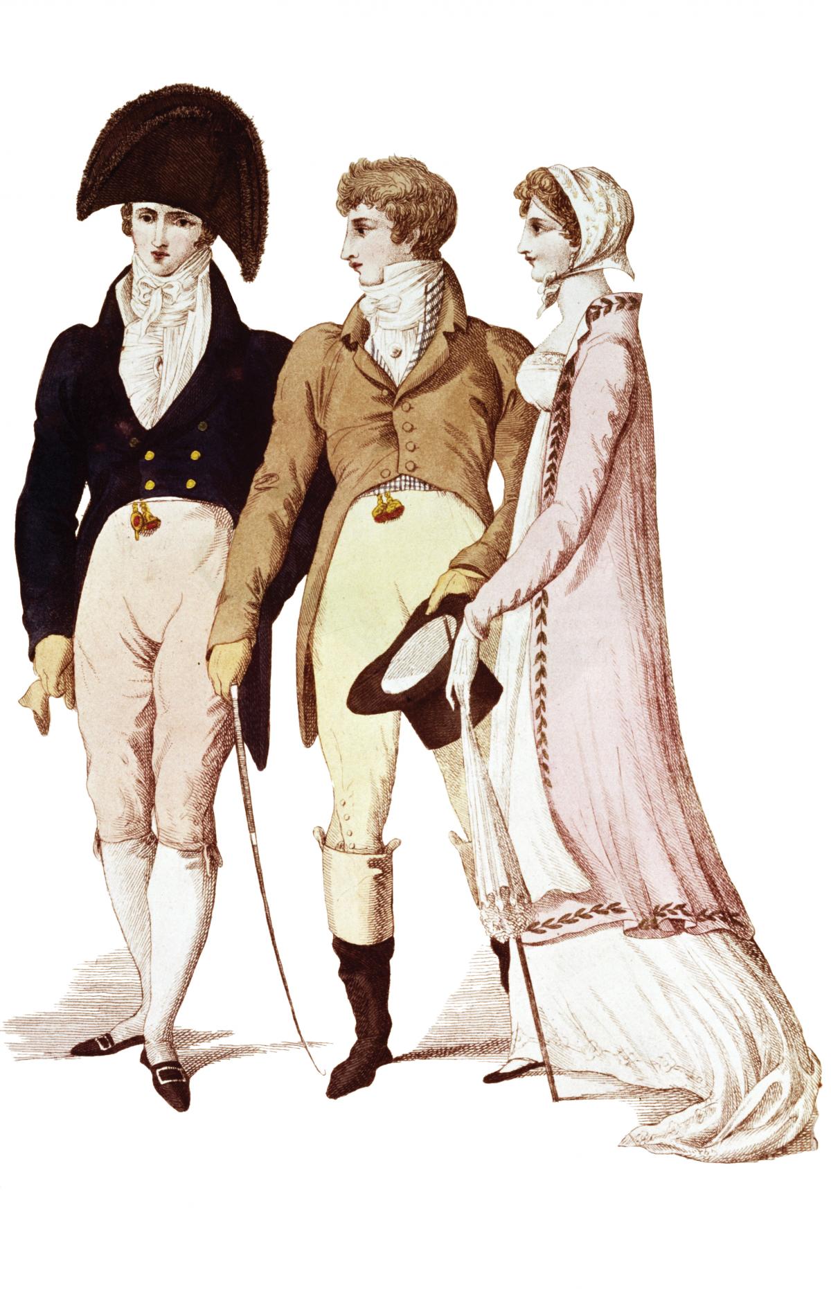 a naval officer in a cornered hat and dark coat, a wealthy man in a tan coat and white trousers, and a woman in a pink shawl, white dress, and matching bonnet