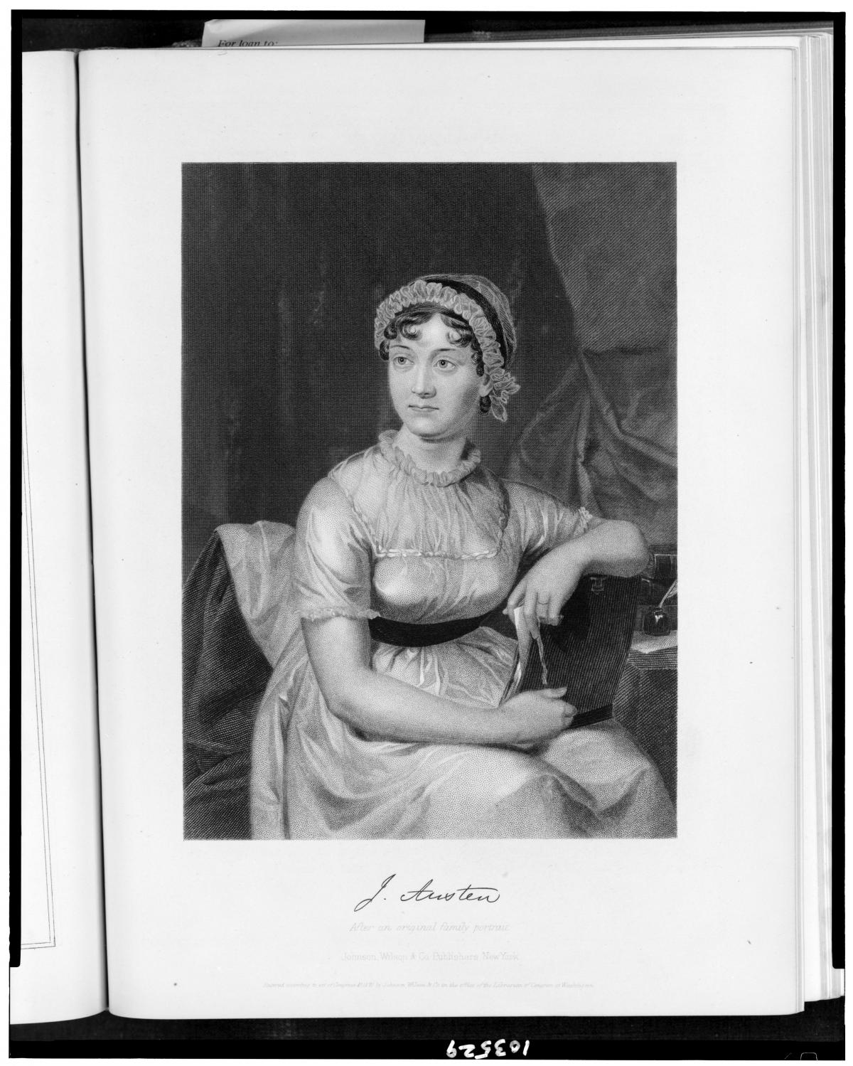 Austen in a white dress and bonnet, seated, with her elbow resting on a table