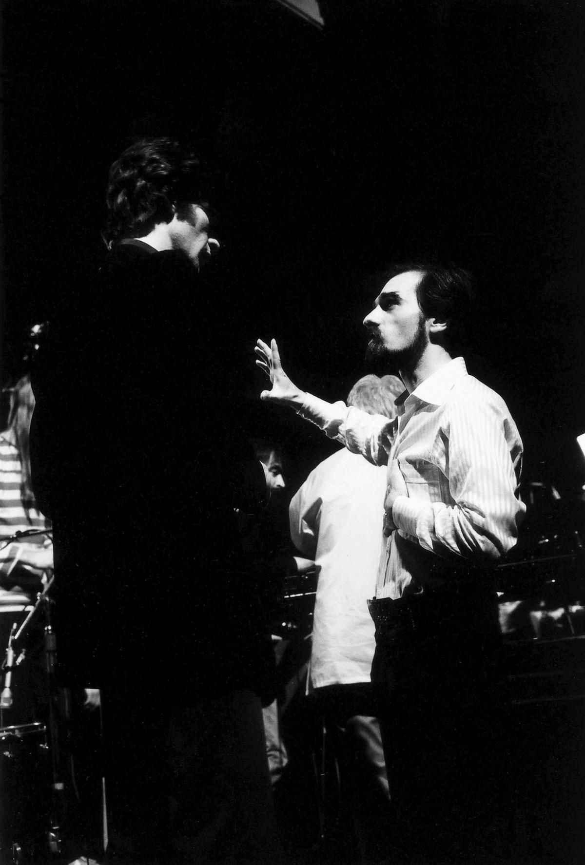 Scorsese and Robertson talk onstage during filming