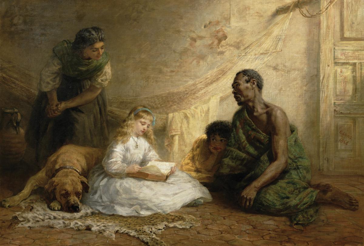 Eva, in a white dress, reads to Uncle Tom and another child, while they sit on the ground