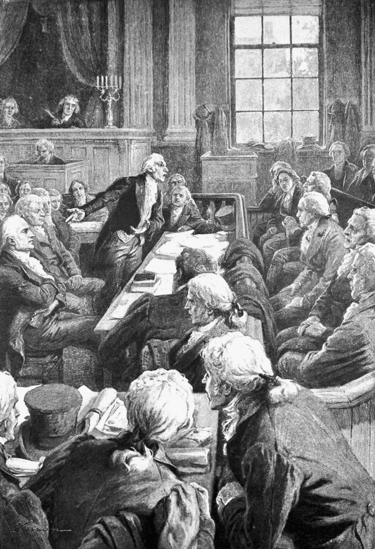 illustration of men arguing in a courtroom 
