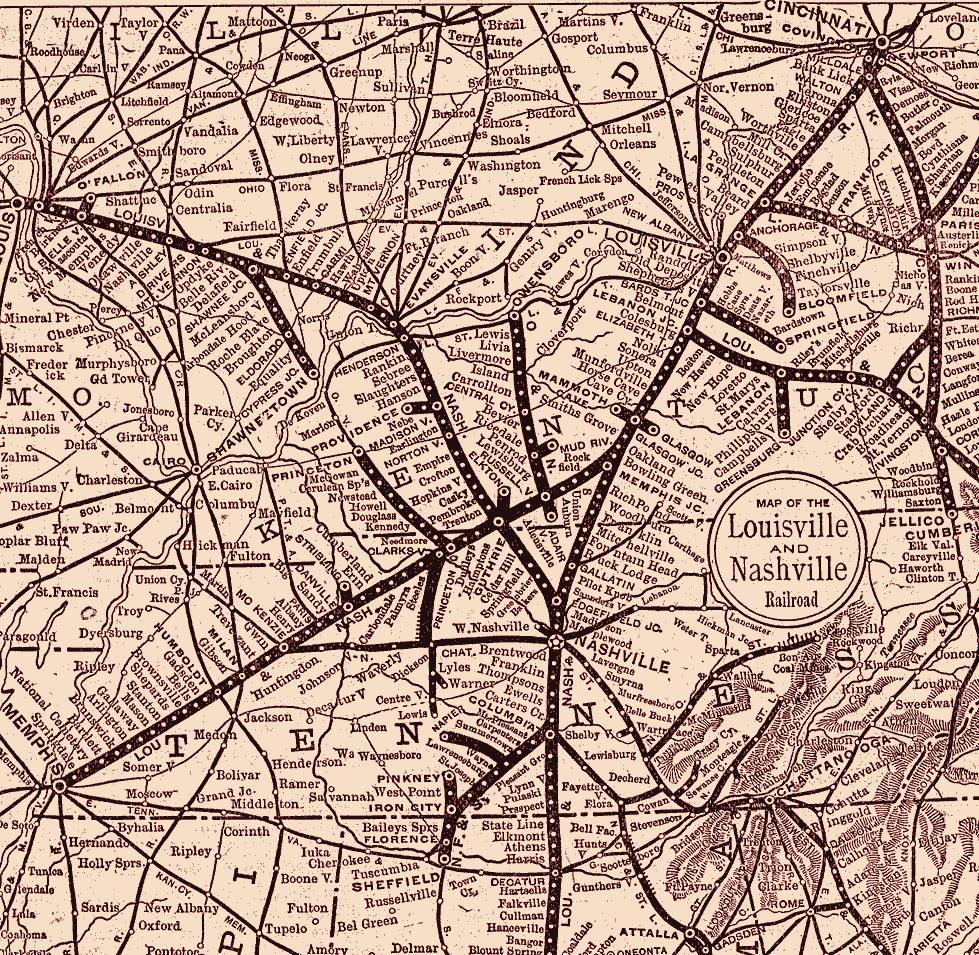 sepia map of louisville and nashville railroad lines
