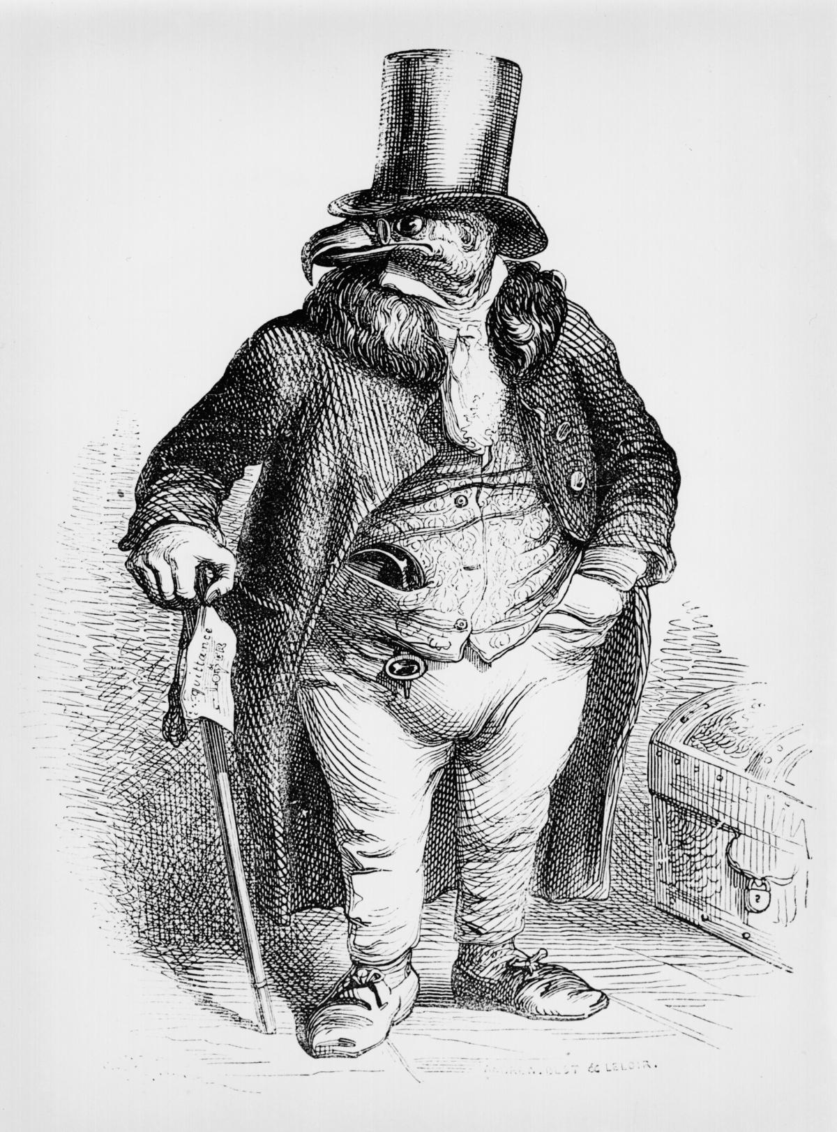A vulture dressed as a portly gentleman, wearing a top hat, coat and tails