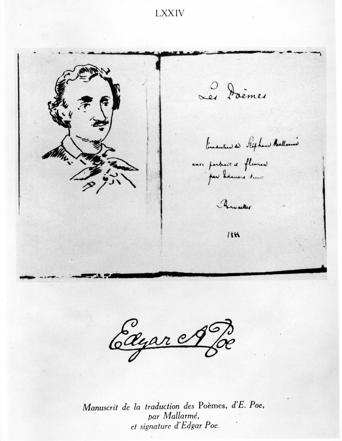 Sketch of Edgar Allen Poe, next to the title of the work, in black script handwriting