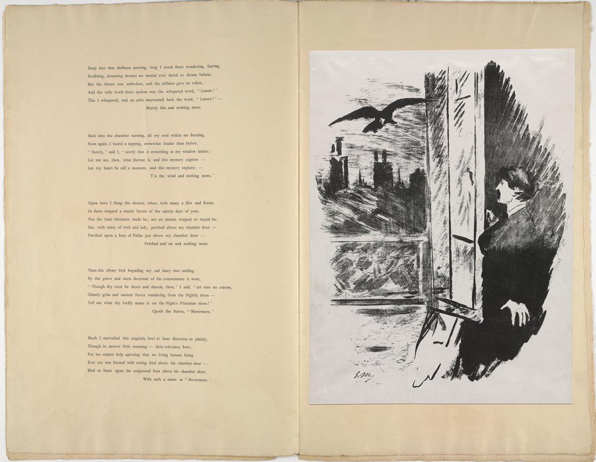Yellowing paper, printed with text on the left and an ink illustration of a man at a window, watching a raven, on the right