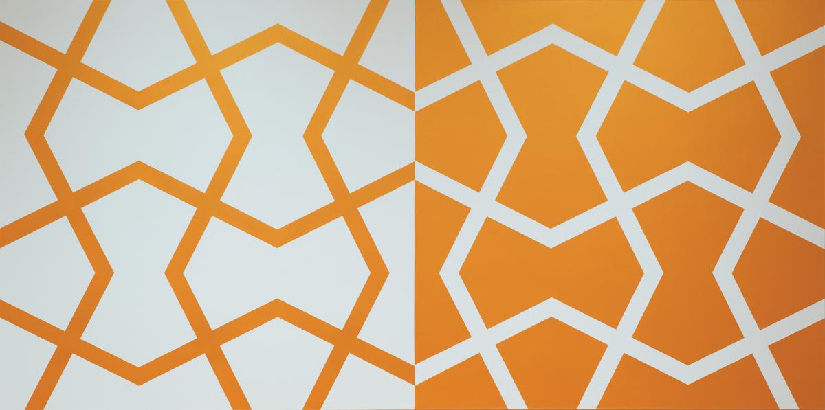 Abstract, angular pattern of white and orange lines, left panel with a white background and the right panel with an orange background