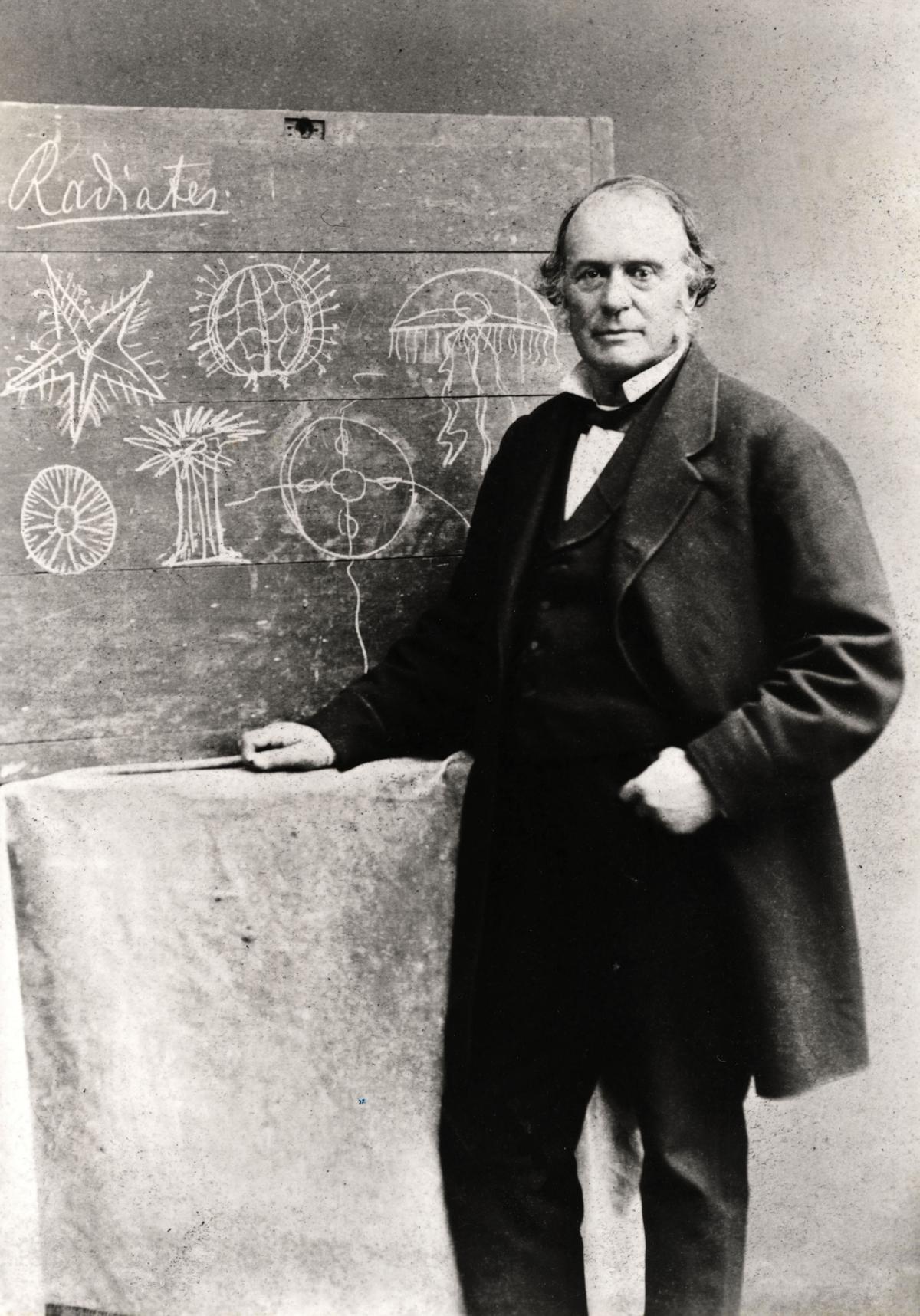 Black and white photo of Louis Agassiz at blackboard