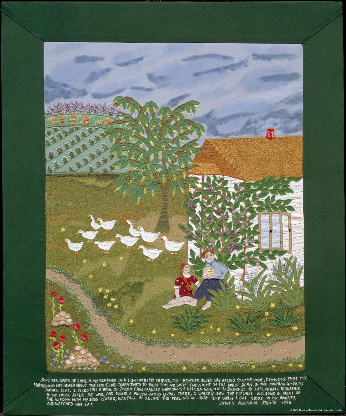 Quilt depicting a young woman and a boy sitting outside in a yard with birds