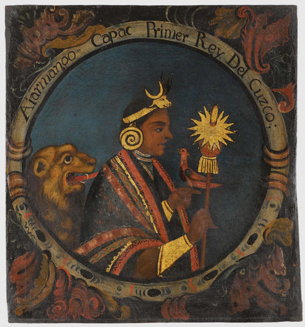 Incan king in profile, wearing a gold crown, holding a gold, sun-topped scepter, with a lion sitting behind him