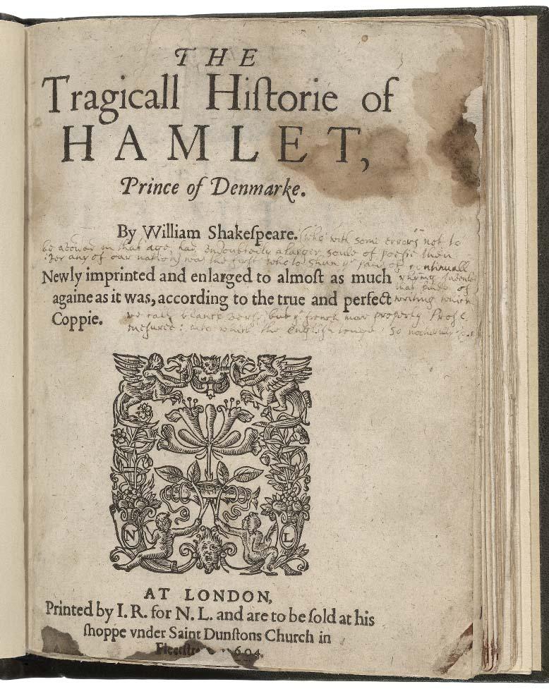 Hamlet title page, decorated with an intricate design of entwined flowers and angels