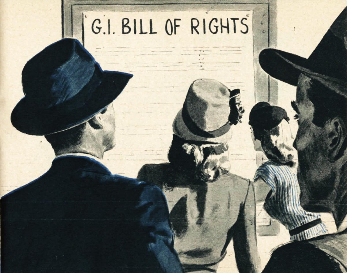Illustration of several men and women looking at a poster of the GI Bill of Rights